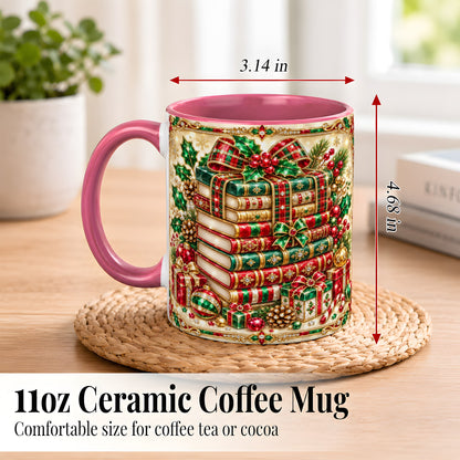 #pl[11oz|Pink] Gemlike Christmas Books Coffee Mug, Ornate Holiday Mug, Ceramic Cup
