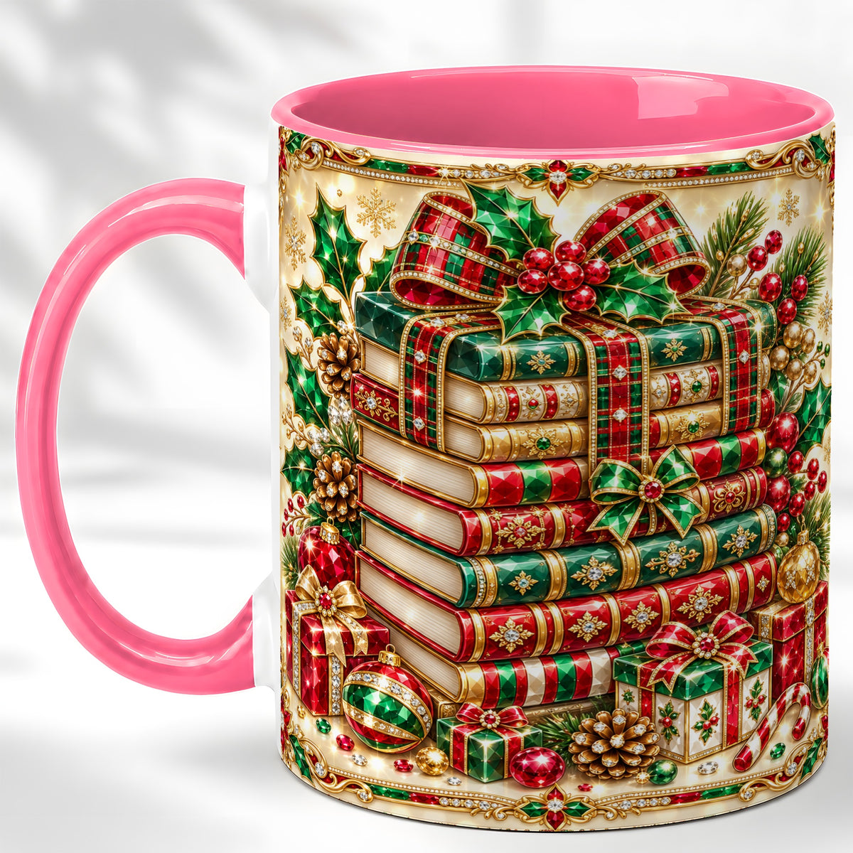 #pl[11oz|Pink] Gemlike Christmas Books Coffee Mug, Ornate Holiday Mug, Ceramic Cup
