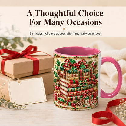 #pl[11oz|Pink] Gemlike Christmas Books Coffee Mug, Ornate Holiday Mug, Ceramic Cup
