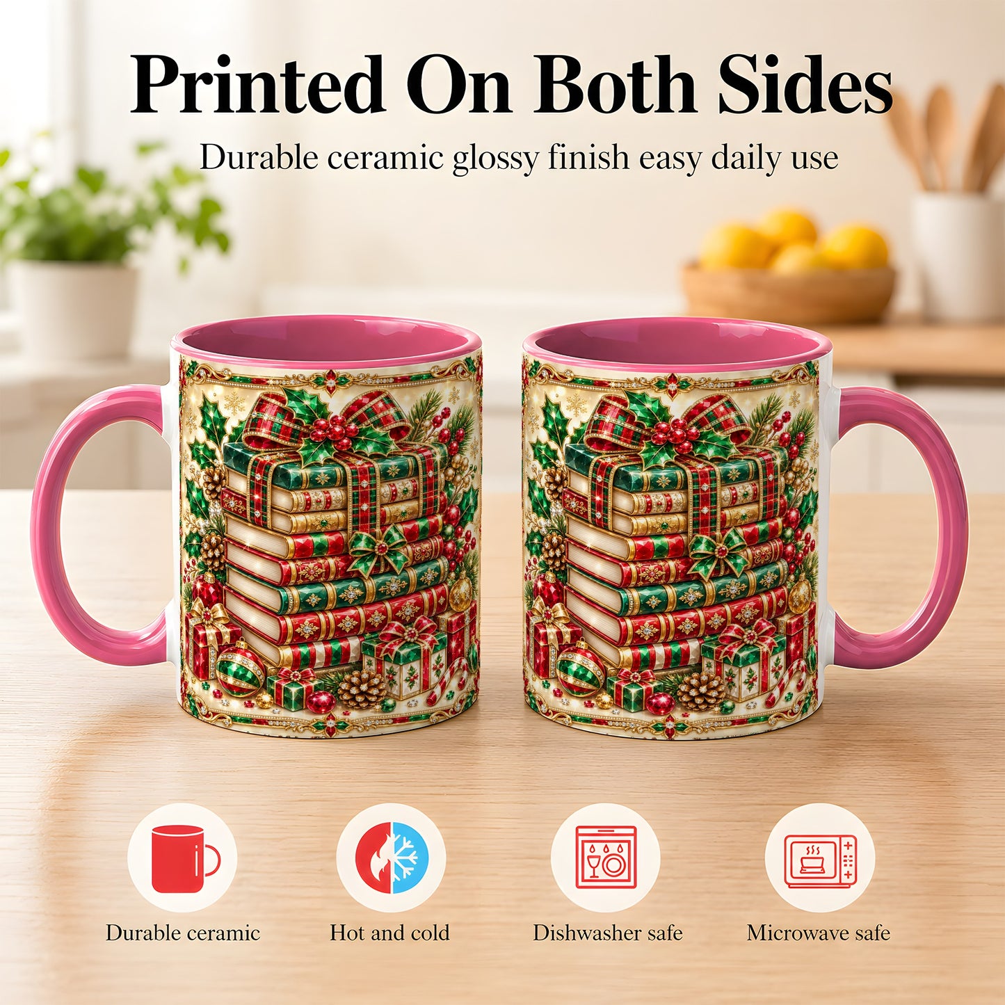 #pl[11oz|Pink] Gemlike Christmas Books Coffee Mug, Ornate Holiday Mug, Ceramic Cup