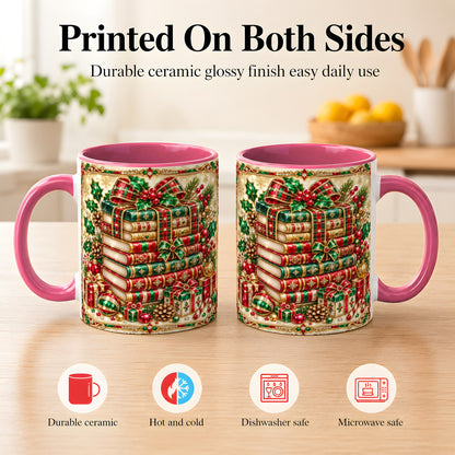 #pl[11oz|Pink] Gemlike Christmas Books Coffee Mug, Ornate Holiday Mug, Ceramic Cup