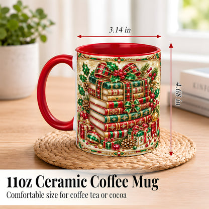 #pl[11oz|Red] Gemlike Christmas Books Coffee Mug, Ornate Holiday Mug, Ceramic Cup