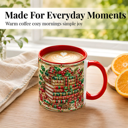 #pl[11oz|Red] Gemlike Christmas Books Coffee Mug, Ornate Holiday Mug, Ceramic Cup