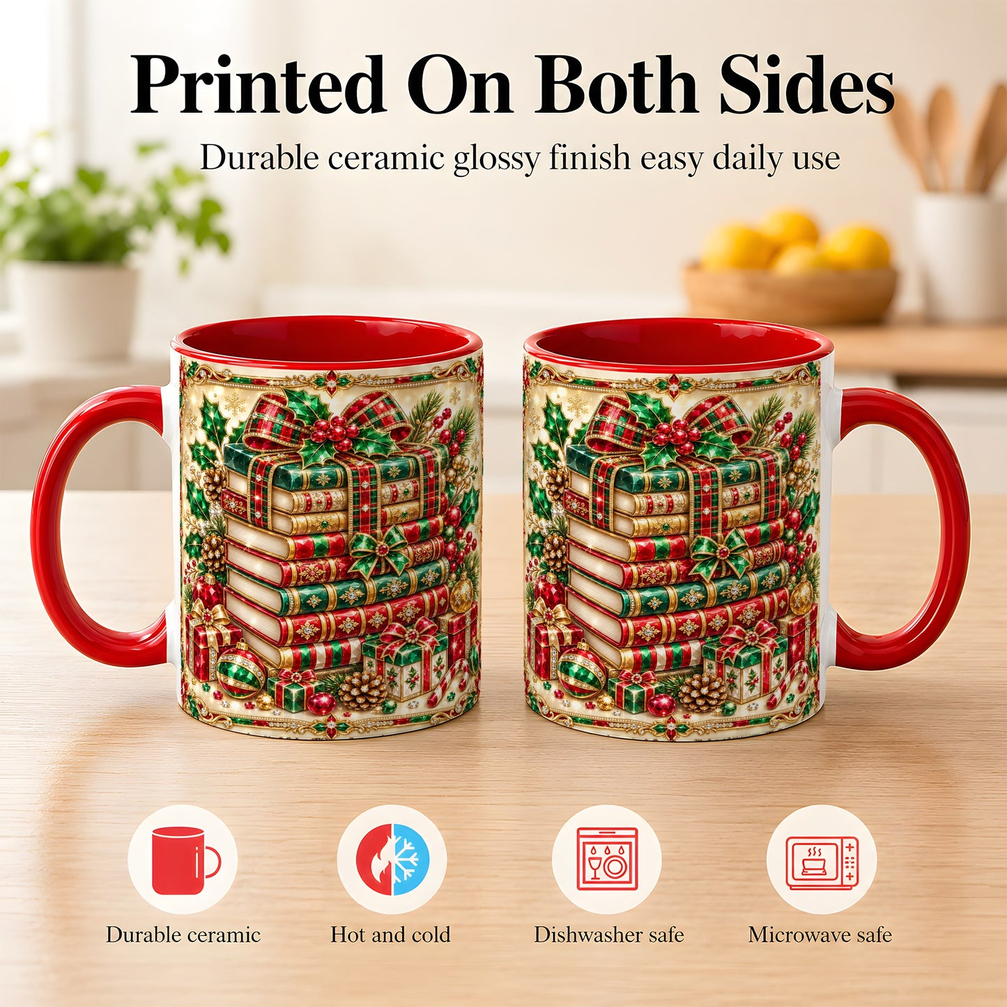 #pl[11oz|Red] Gemlike Christmas Books Coffee Mug, Ornate Holiday Mug, Ceramic Cup