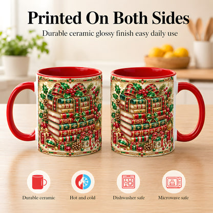 #pl[11oz|Red] Gemlike Christmas Books Coffee Mug, Ornate Holiday Mug, Ceramic Cup