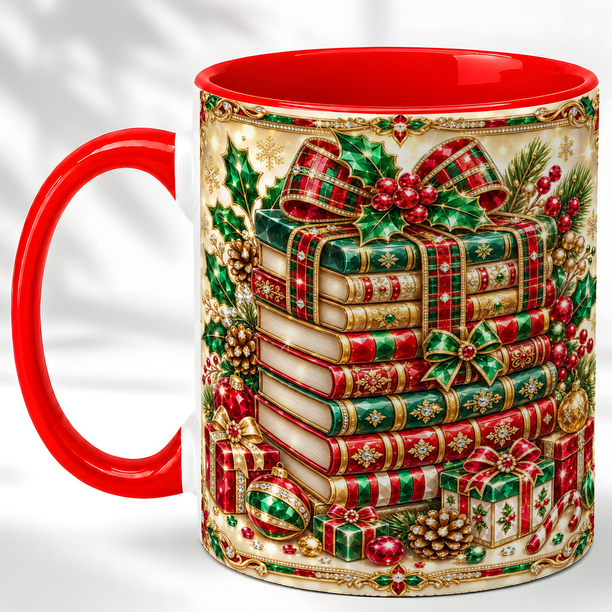 Gemlike Christmas Books Coffee Mug, Ornate Holiday Mug, Ceramic Cup