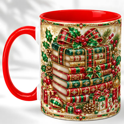 Gemlike Christmas Books Coffee Mug, Ornate Holiday Mug, Ceramic Cup