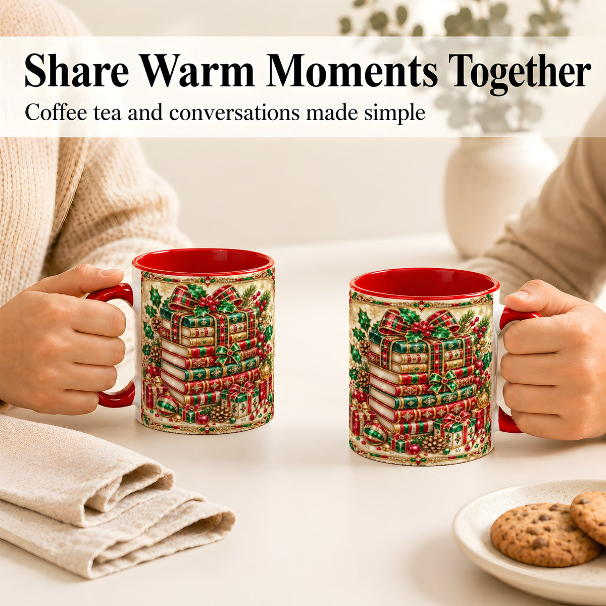 #pl[11oz|Red] Gemlike Christmas Books Coffee Mug, Ornate Holiday Mug, Ceramic Cup