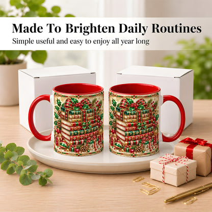 #pl[11oz|Red] Gemlike Christmas Books Coffee Mug, Ornate Holiday Mug, Ceramic Cup