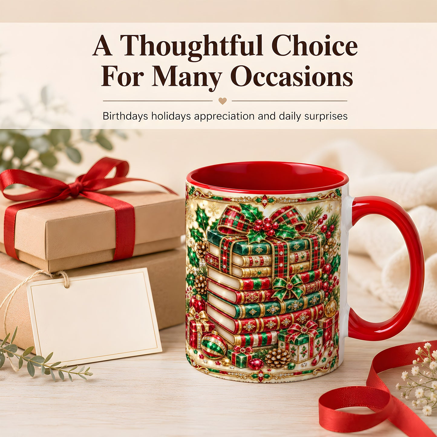#pl[11oz|Red] Gemlike Christmas Books Coffee Mug, Ornate Holiday Mug, Ceramic Cup