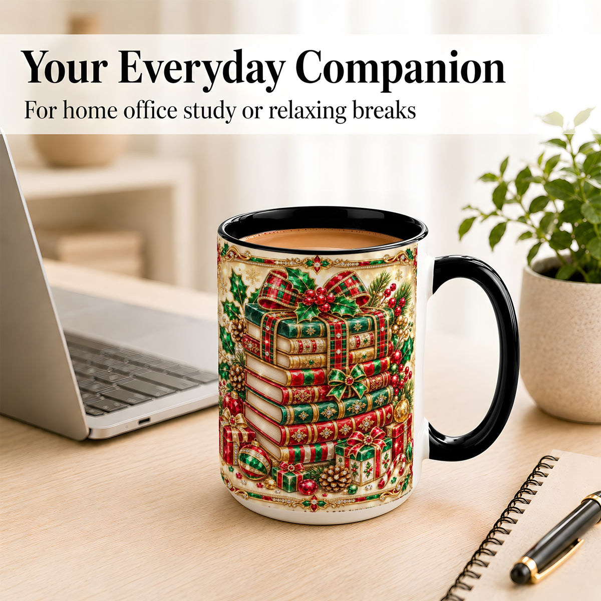#pl[15oz|Black] Gemlike Christmas Books Coffee Mug, Ornate Holiday Mug, Ceramic Cup