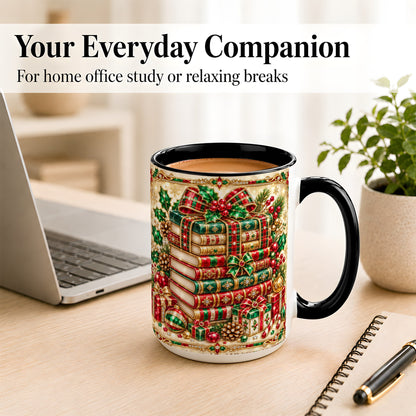 #pl[15oz|Black] Gemlike Christmas Books Coffee Mug, Ornate Holiday Mug, Ceramic Cup