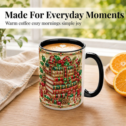 #pl[15oz|Black] Gemlike Christmas Books Coffee Mug, Ornate Holiday Mug, Ceramic Cup