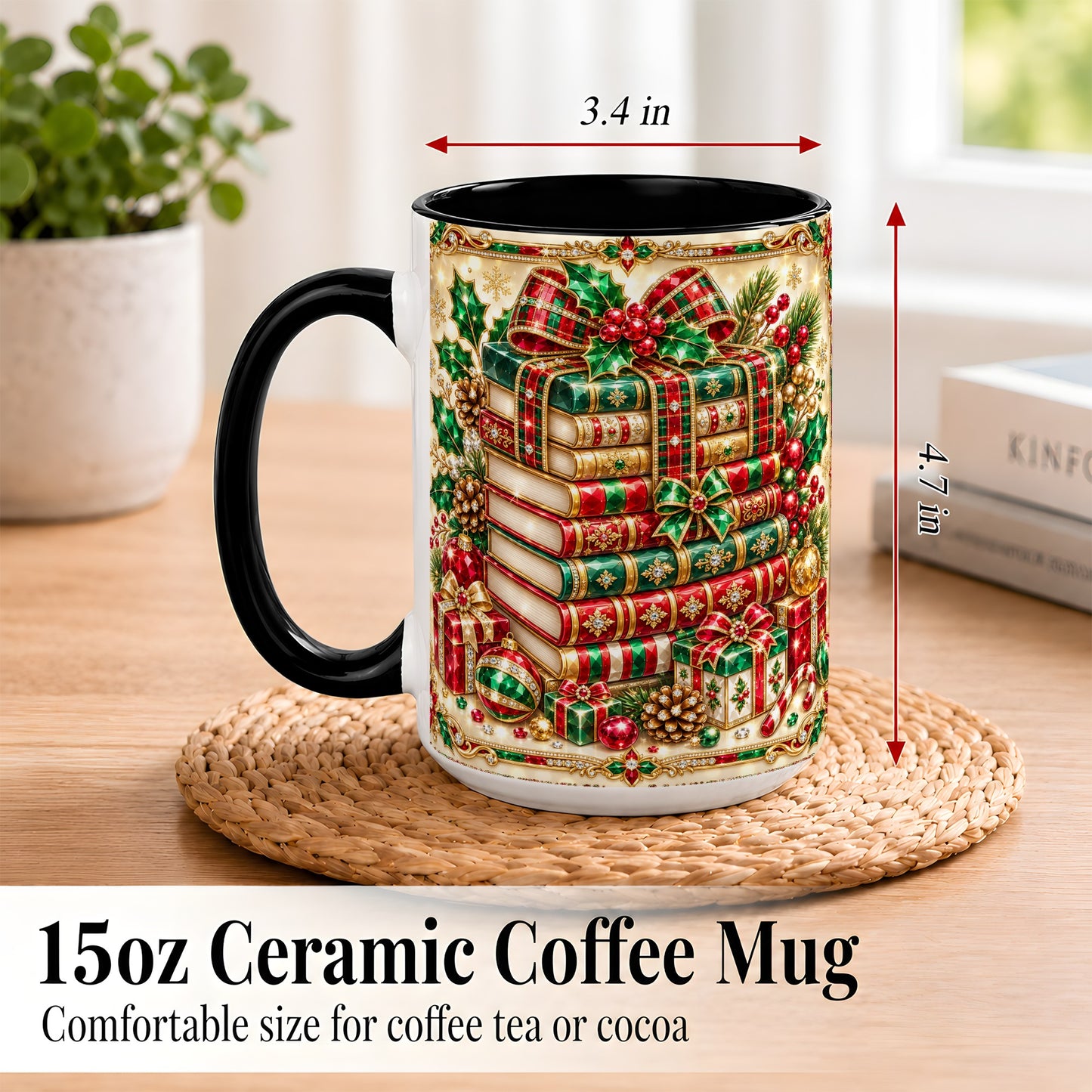 #pl[15oz|Black] Gemlike Christmas Books Coffee Mug, Ornate Holiday Mug, Ceramic Cup