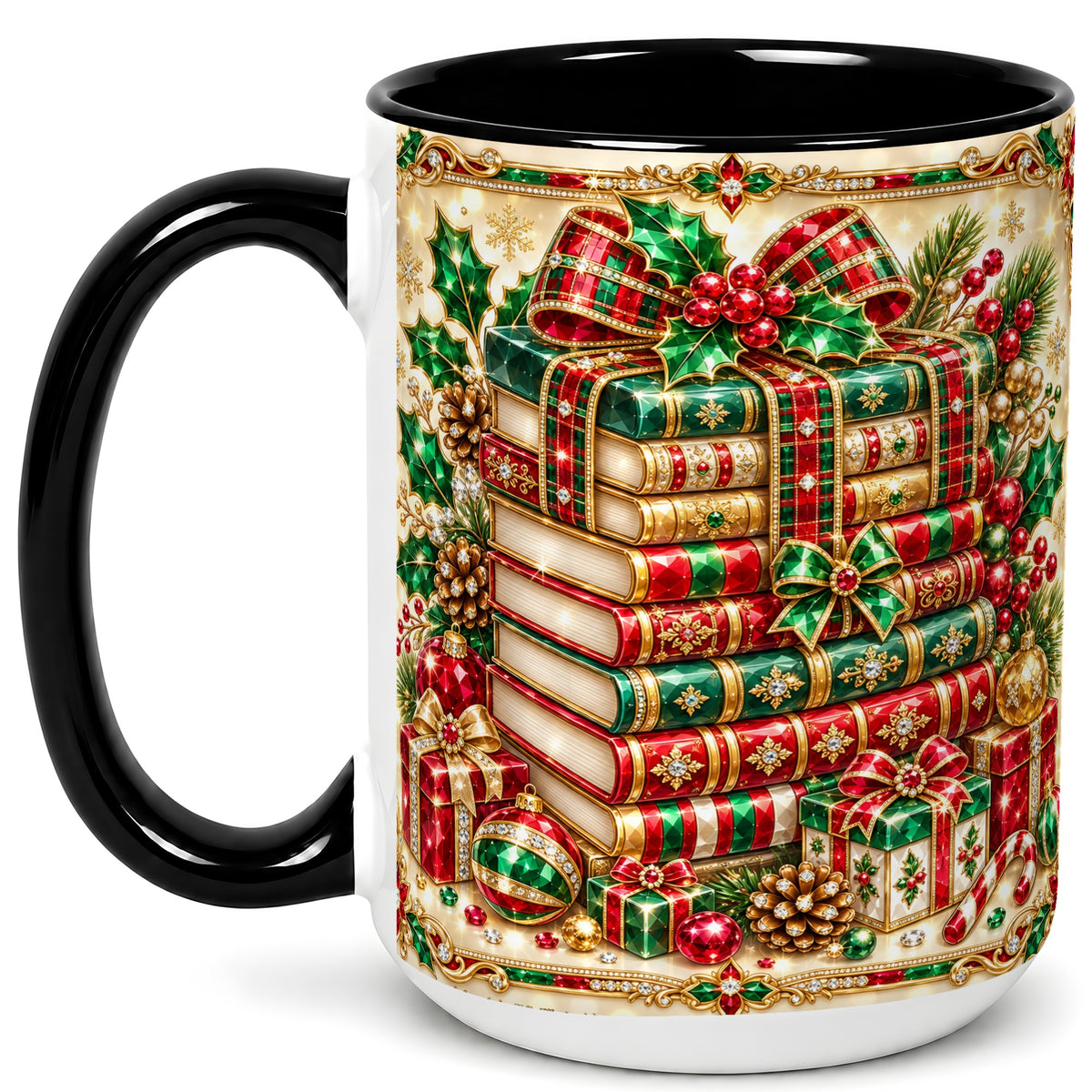 #pl[15oz|Black] Gemlike Christmas Books Coffee Mug, Ornate Holiday Mug, Ceramic Cup