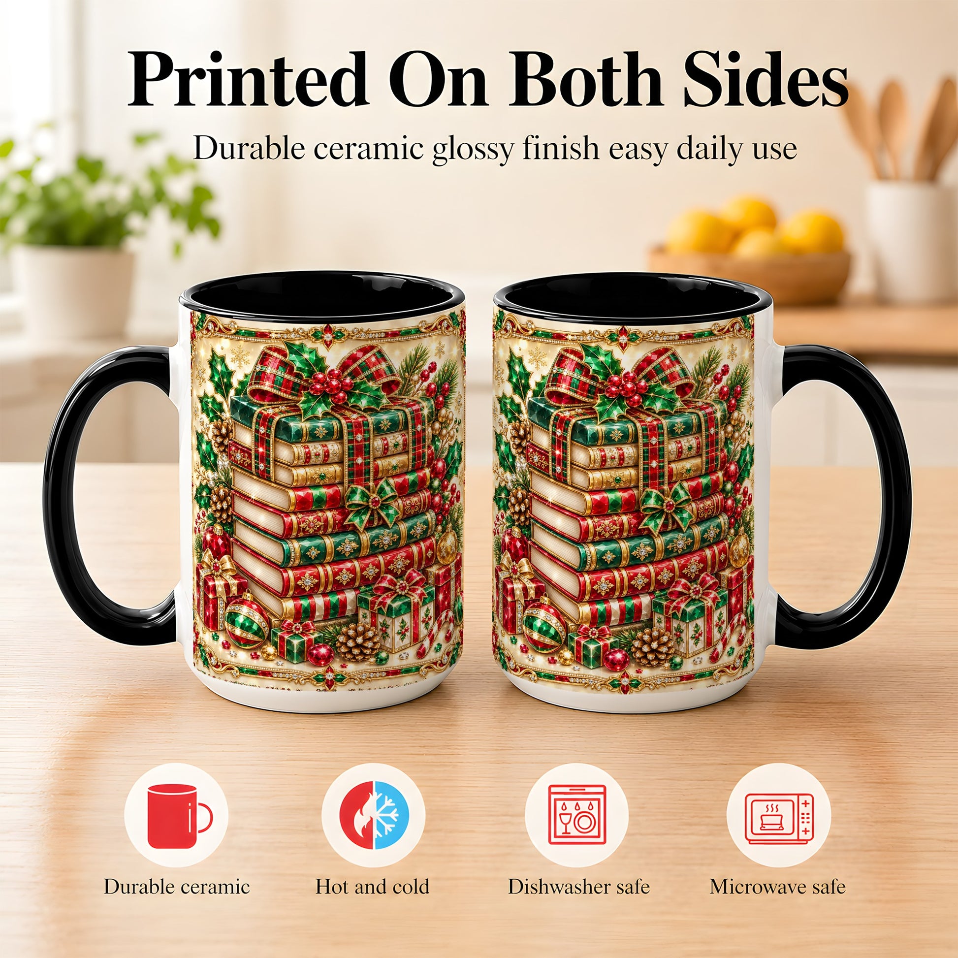 #pl[15oz|Black] Gemlike Christmas Books Coffee Mug, Ornate Holiday Mug, Ceramic Cup