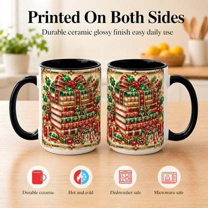 #pl[15oz|Black] Gemlike Christmas Books Coffee Mug, Ornate Holiday Mug, Ceramic Cup