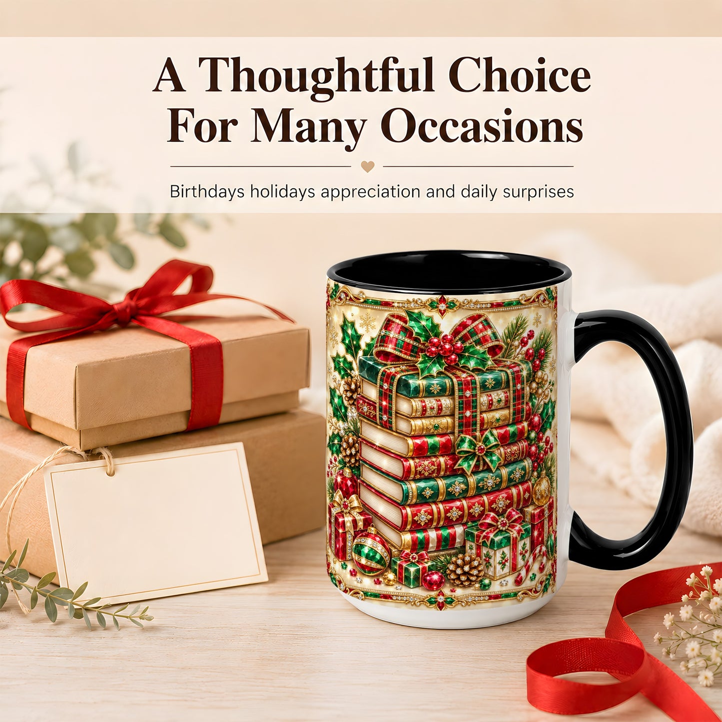 #pl[15oz|Black] Gemlike Christmas Books Coffee Mug, Ornate Holiday Mug, Ceramic Cup