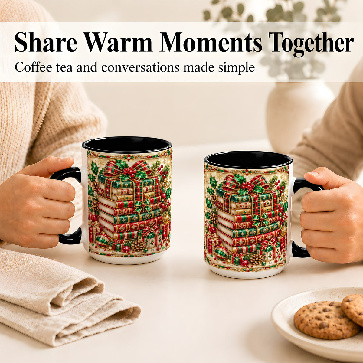 #pl[15oz|Black] Gemlike Christmas Books Coffee Mug, Ornate Holiday Mug, Ceramic Cup