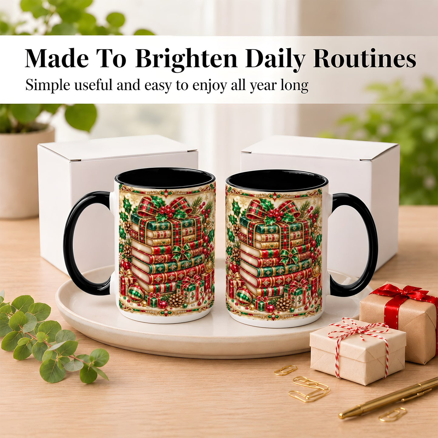 #pl[15oz|Black] Gemlike Christmas Books Coffee Mug, Ornate Holiday Mug, Ceramic Cup