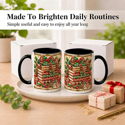 #pl[15oz|Black] Gemlike Christmas Books Coffee Mug, Ornate Holiday Mug, Ceramic Cup