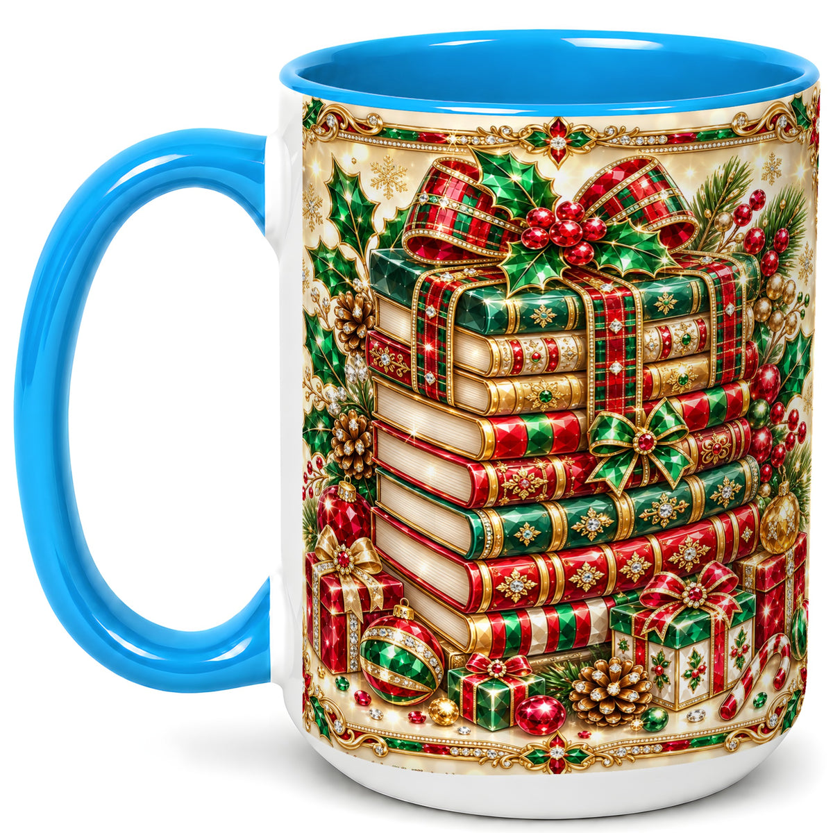 #pl[15oz|Blue] Gemlike Christmas Books Coffee Mug, Ornate Holiday Mug, Ceramic Cup