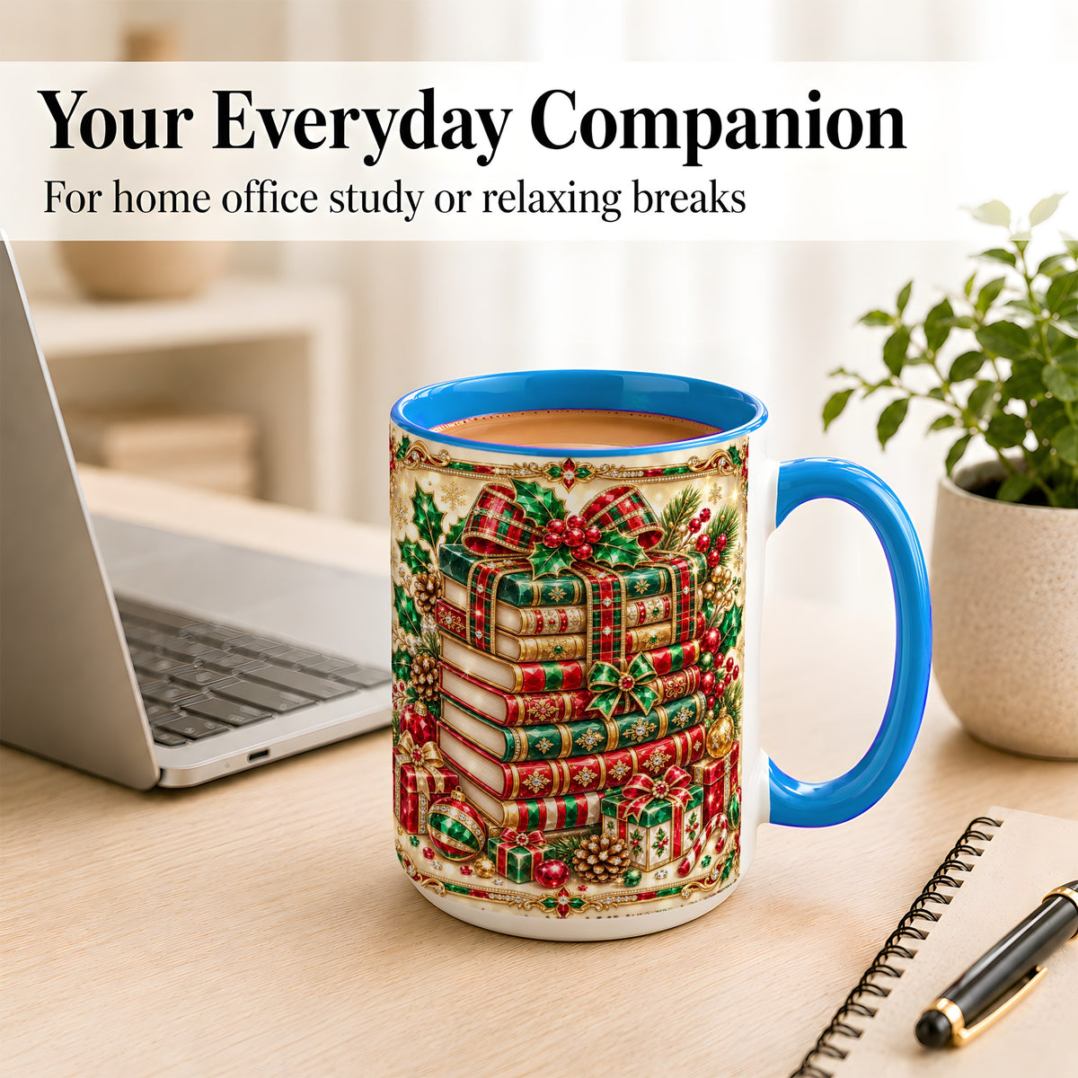 #pl[15oz|Blue] Gemlike Christmas Books Coffee Mug, Ornate Holiday Mug, Ceramic Cup