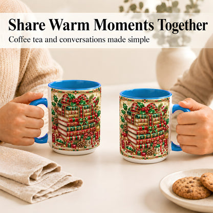 #pl[15oz|Blue] Gemlike Christmas Books Coffee Mug, Ornate Holiday Mug, Ceramic Cup