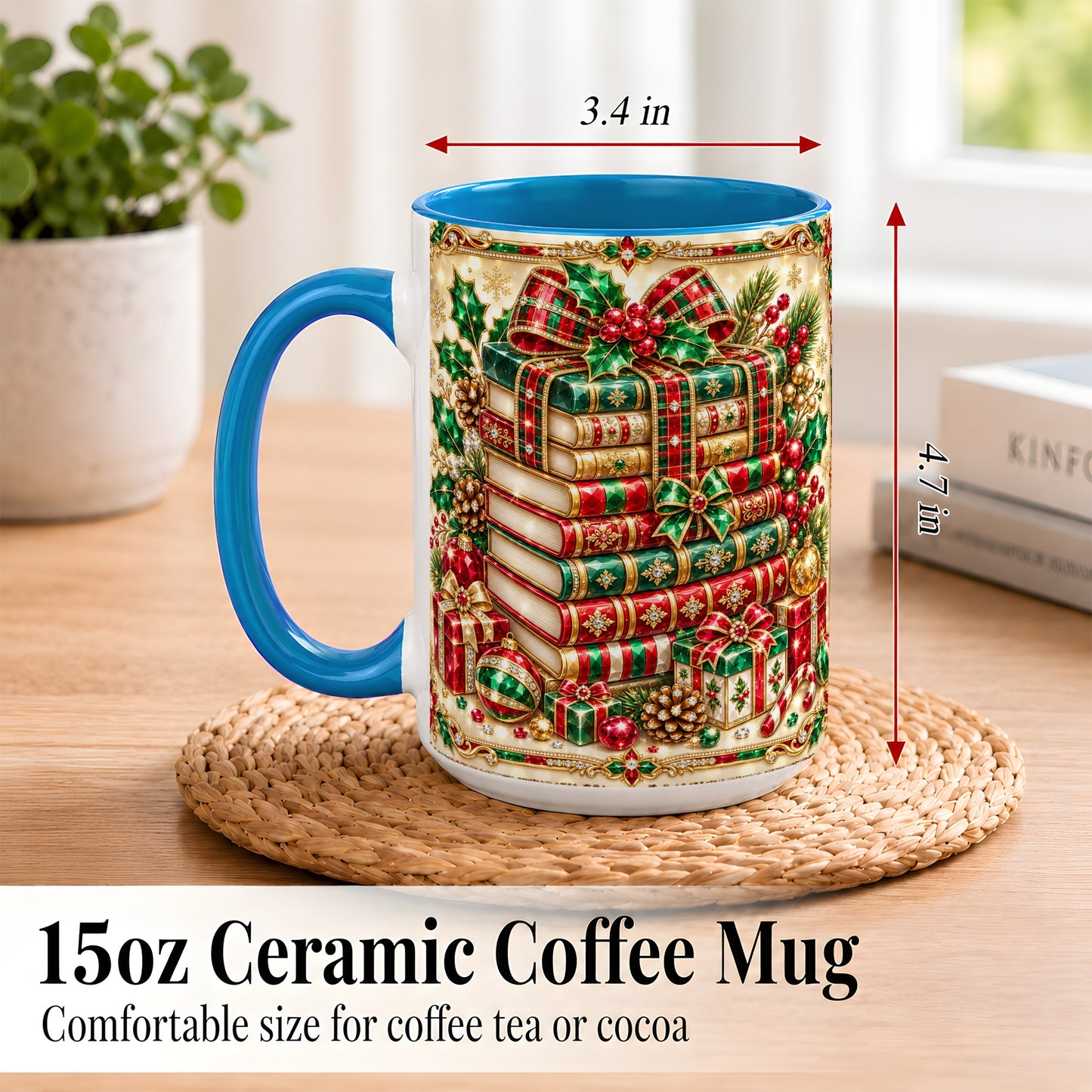 #pl[15oz|Blue] Gemlike Christmas Books Coffee Mug, Ornate Holiday Mug, Ceramic Cup