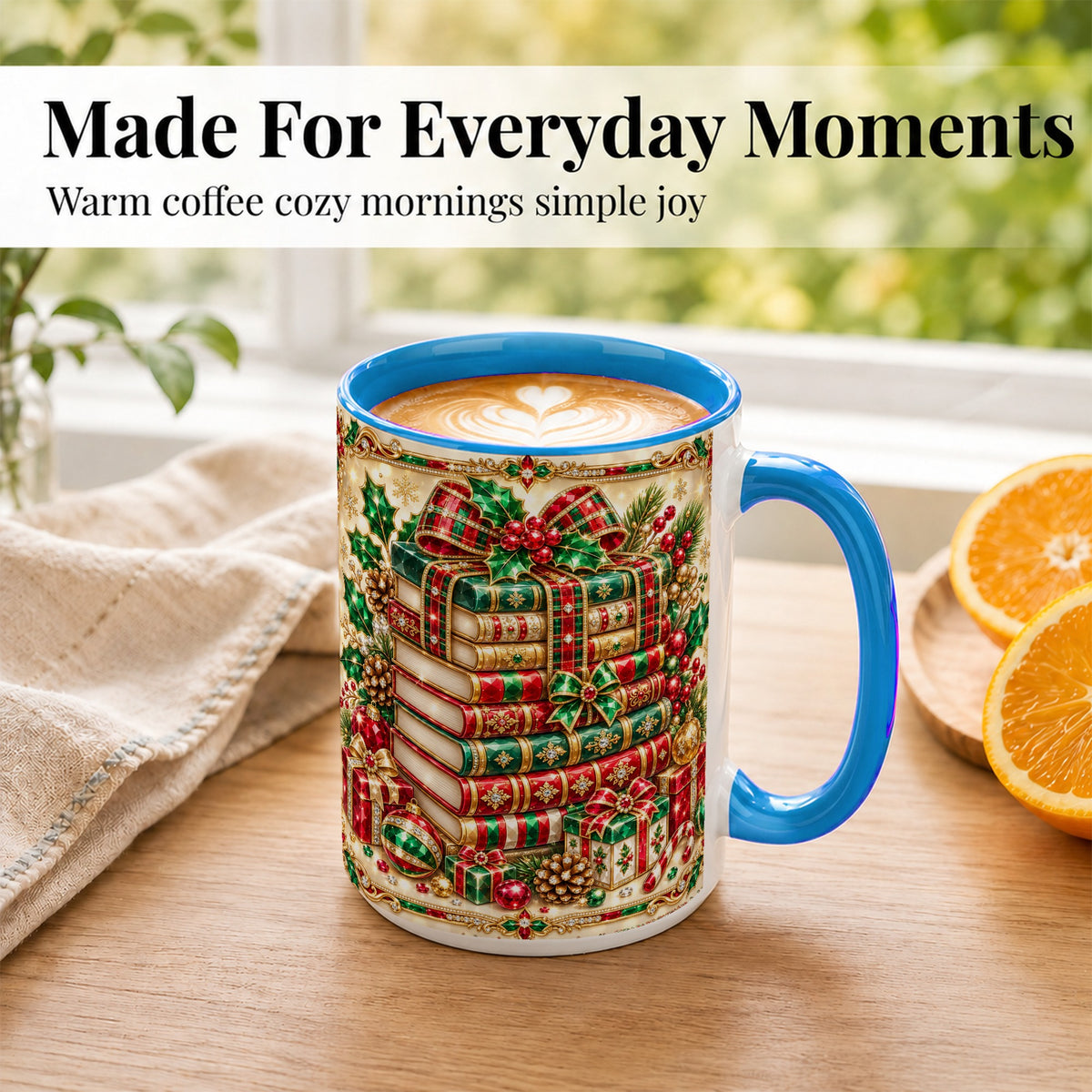 #pl[15oz|Blue] Gemlike Christmas Books Coffee Mug, Ornate Holiday Mug, Ceramic Cup