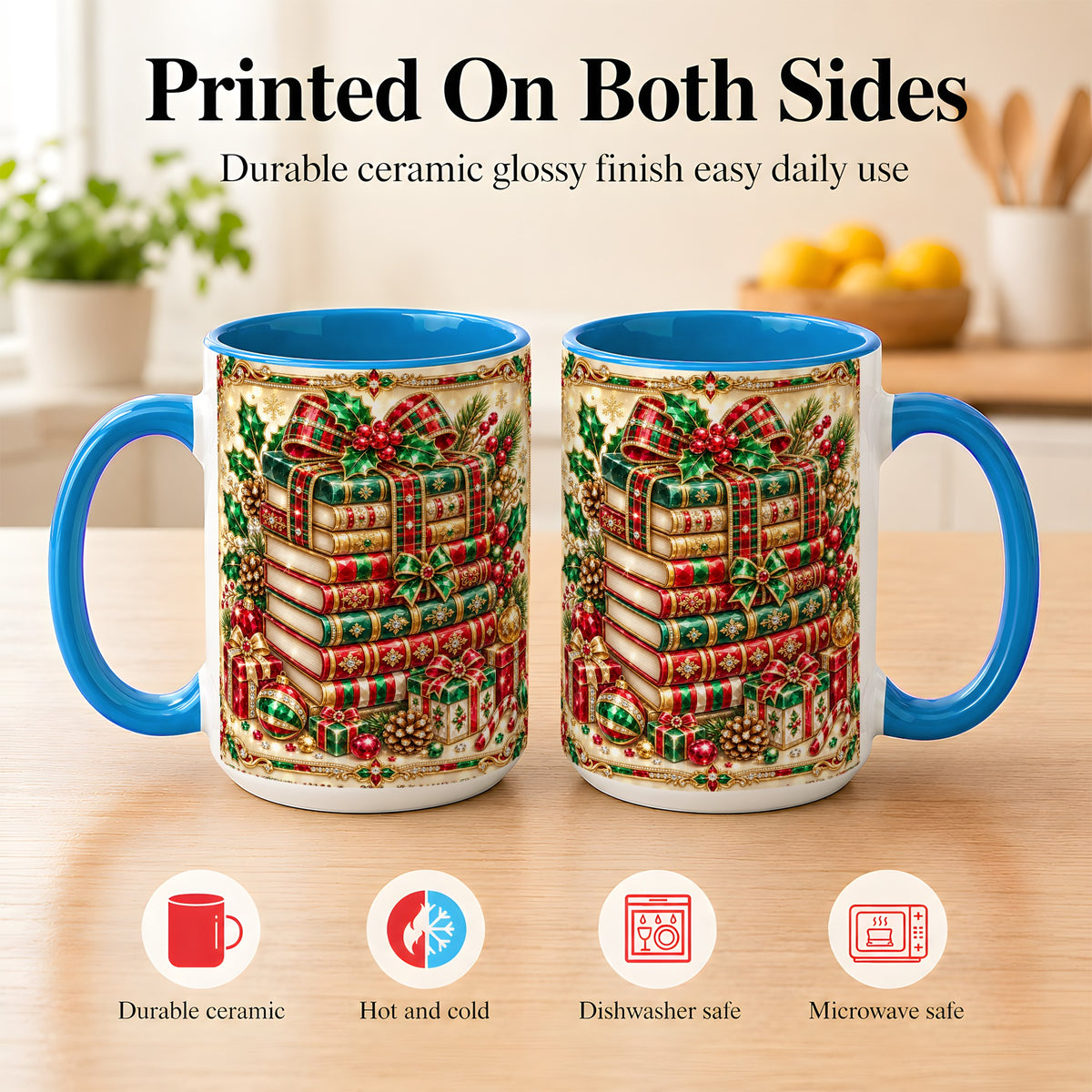 #pl[15oz|Blue] Gemlike Christmas Books Coffee Mug, Ornate Holiday Mug, Ceramic Cup