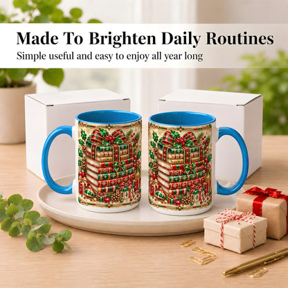 #pl[15oz|Blue] Gemlike Christmas Books Coffee Mug, Ornate Holiday Mug, Ceramic Cup