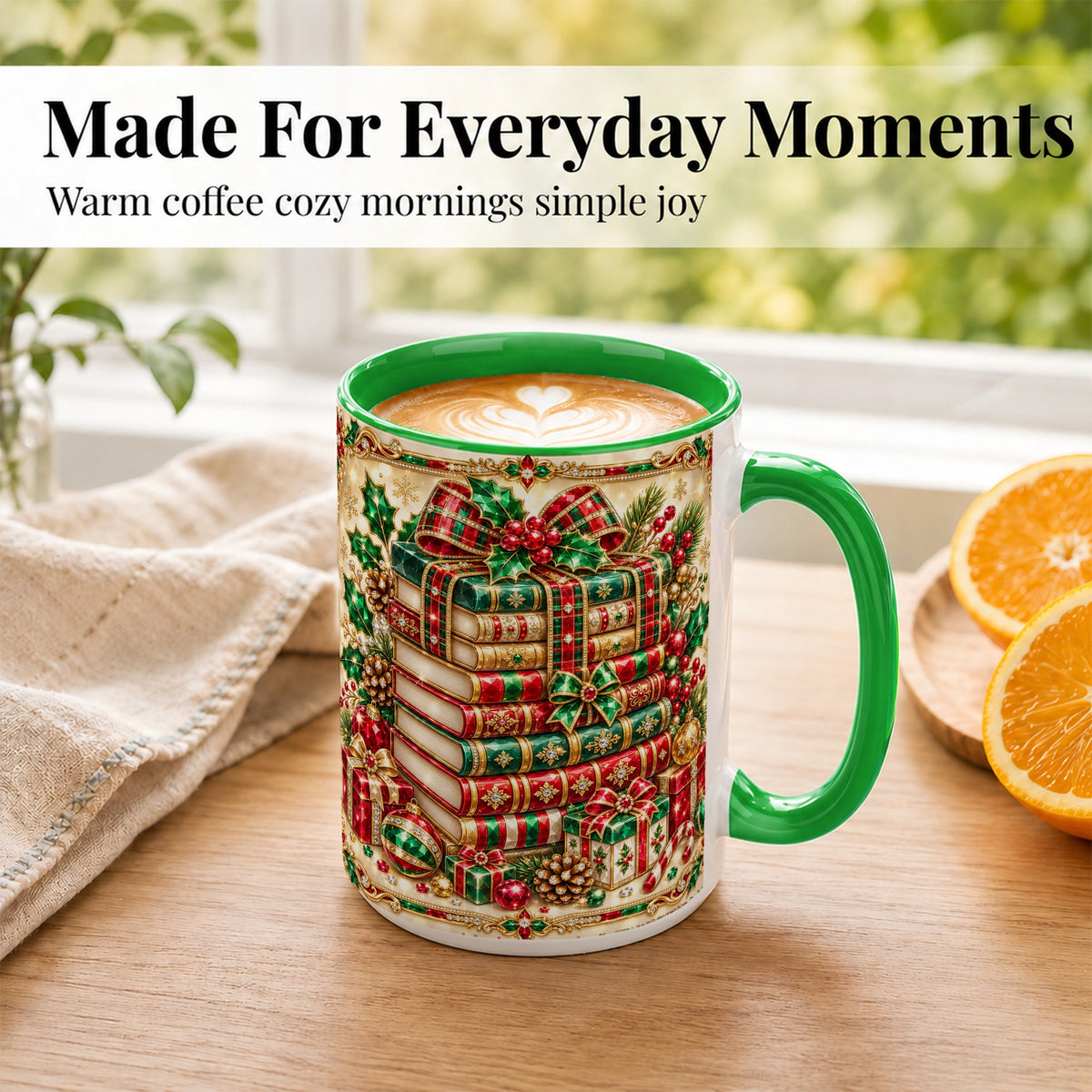 #pl[15oz|Green] Gemlike Christmas Books Coffee Mug, Ornate Holiday Mug, Ceramic Cup