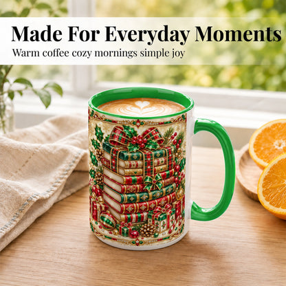 #pl[15oz|Green] Gemlike Christmas Books Coffee Mug, Ornate Holiday Mug, Ceramic Cup