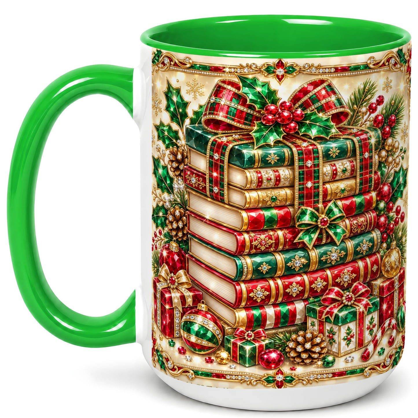 #pl[15oz|Green] Gemlike Christmas Books Coffee Mug, Ornate Holiday Mug, Ceramic Cup