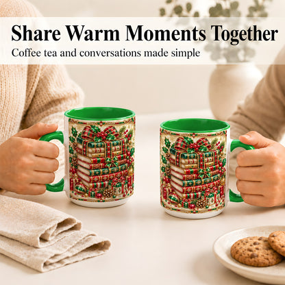 #pl[15oz|Green] Gemlike Christmas Books Coffee Mug, Ornate Holiday Mug, Ceramic Cup