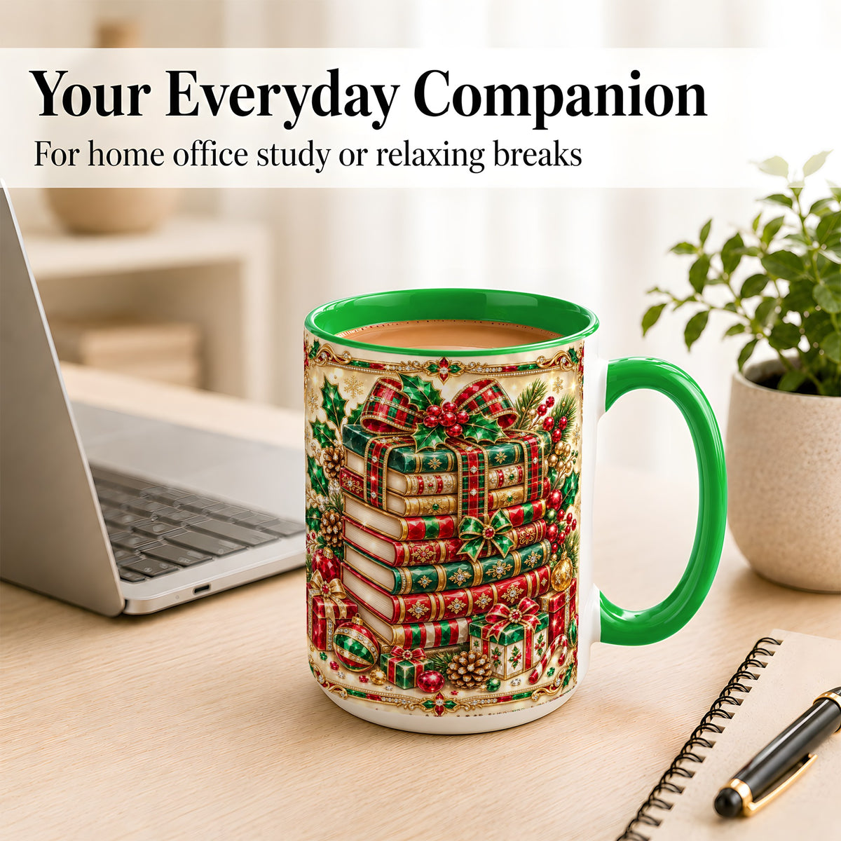 #pl[15oz|Green] Gemlike Christmas Books Coffee Mug, Ornate Holiday Mug, Ceramic Cup
