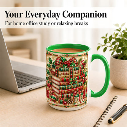 #pl[15oz|Green] Gemlike Christmas Books Coffee Mug, Ornate Holiday Mug, Ceramic Cup