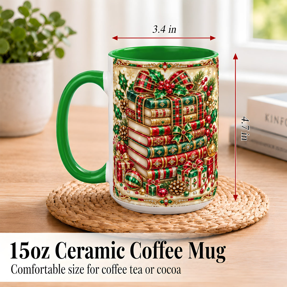 #pl[15oz|Green] Gemlike Christmas Books Coffee Mug, Ornate Holiday Mug, Ceramic Cup