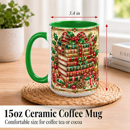 #pl[15oz|Green] Gemlike Christmas Books Coffee Mug, Ornate Holiday Mug, Ceramic Cup