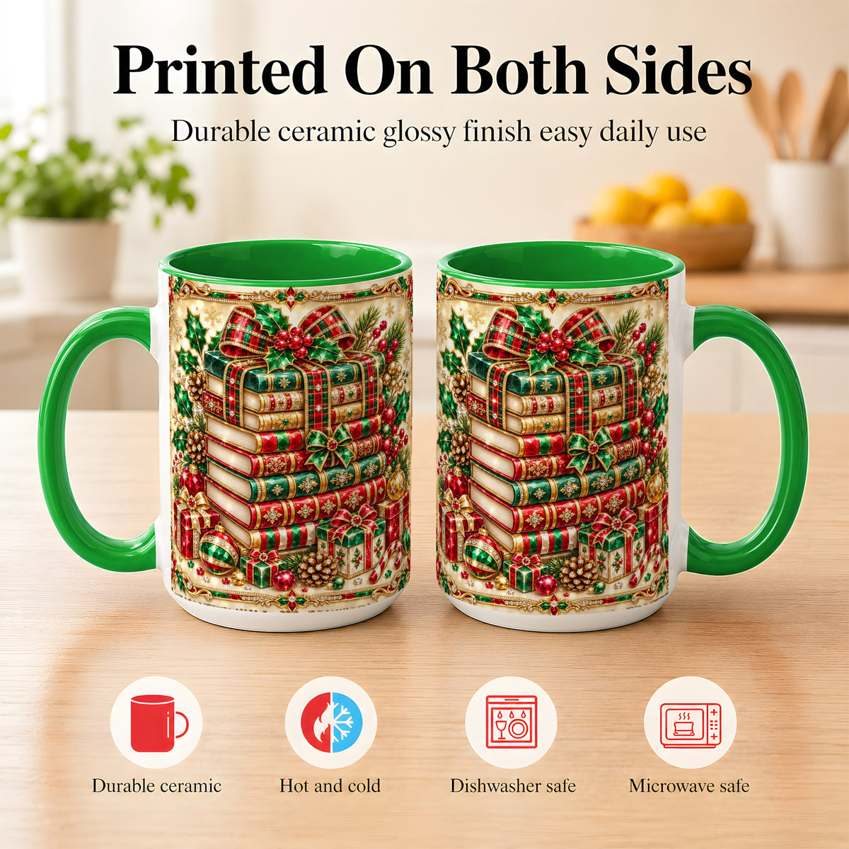 #pl[15oz|Green] Gemlike Christmas Books Coffee Mug, Ornate Holiday Mug, Ceramic Cup