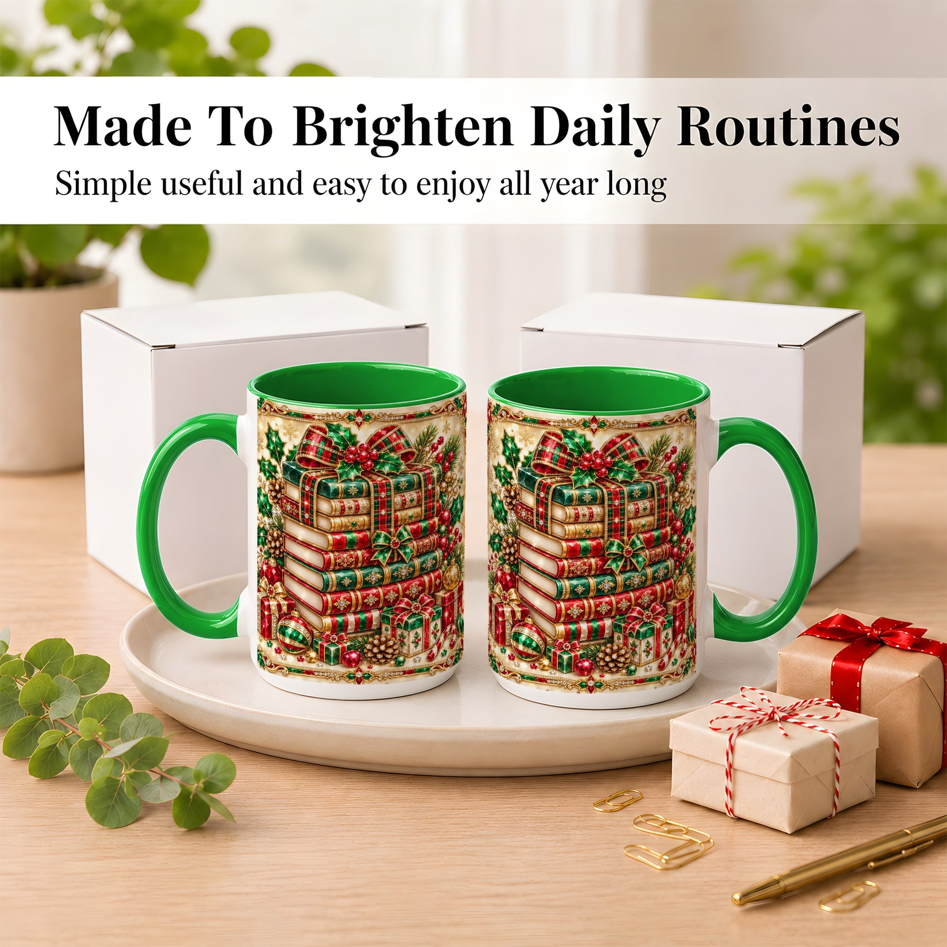 #pl[15oz|Green] Gemlike Christmas Books Coffee Mug, Ornate Holiday Mug, Ceramic Cup