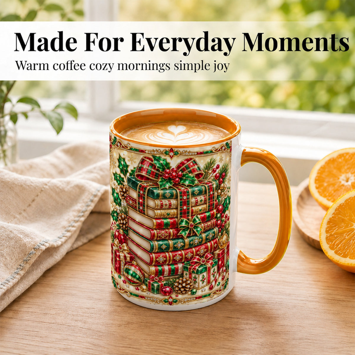 #pl[15oz|Orange] Gemlike Christmas Books Coffee Mug, Ornate Holiday Mug, Ceramic Cup