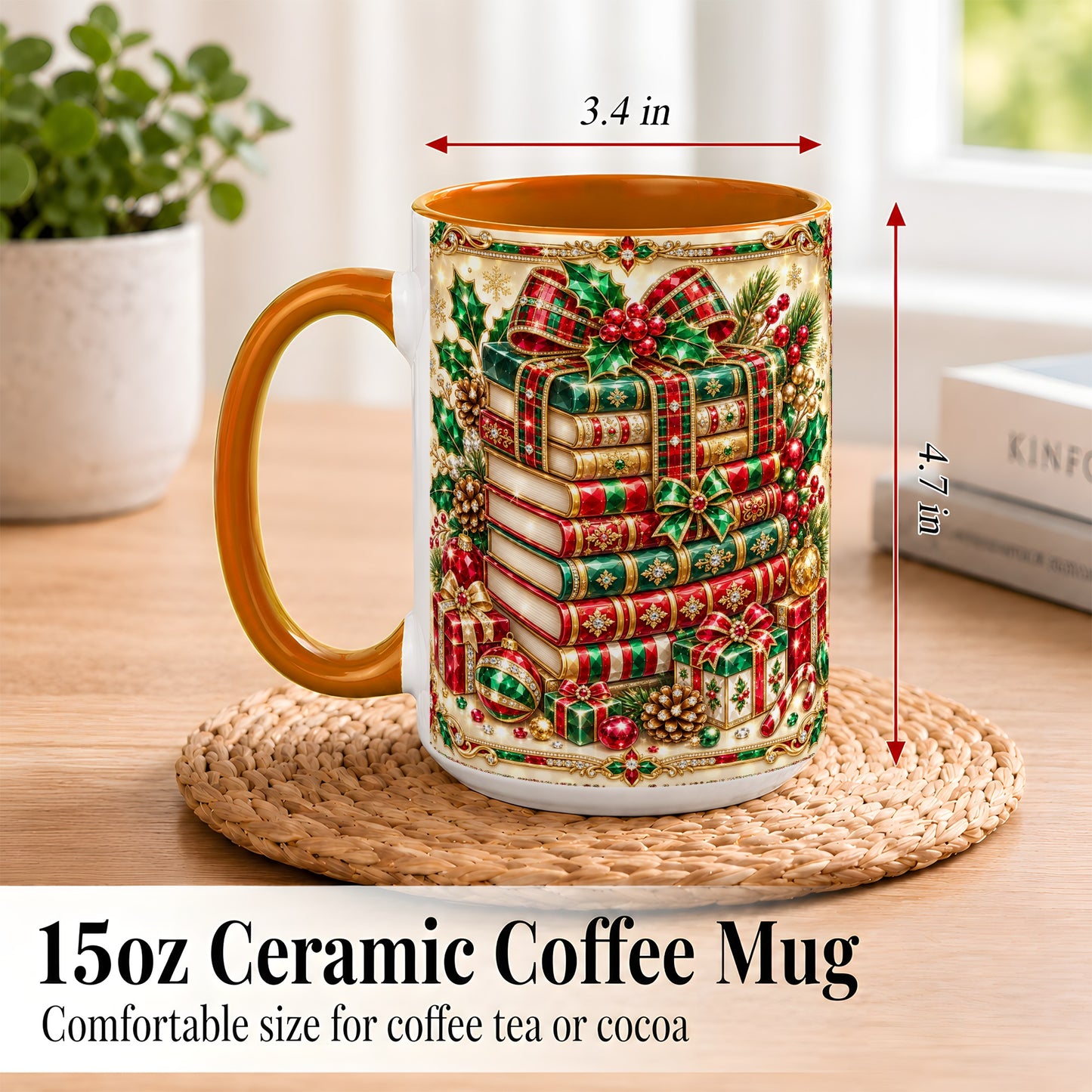#pl[15oz|Orange] Gemlike Christmas Books Coffee Mug, Ornate Holiday Mug, Ceramic Cup