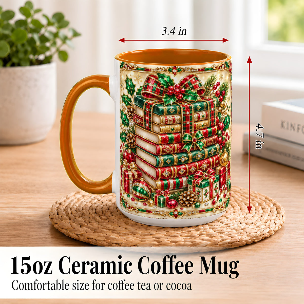 #pl[15oz|Orange] Gemlike Christmas Books Coffee Mug, Ornate Holiday Mug, Ceramic Cup