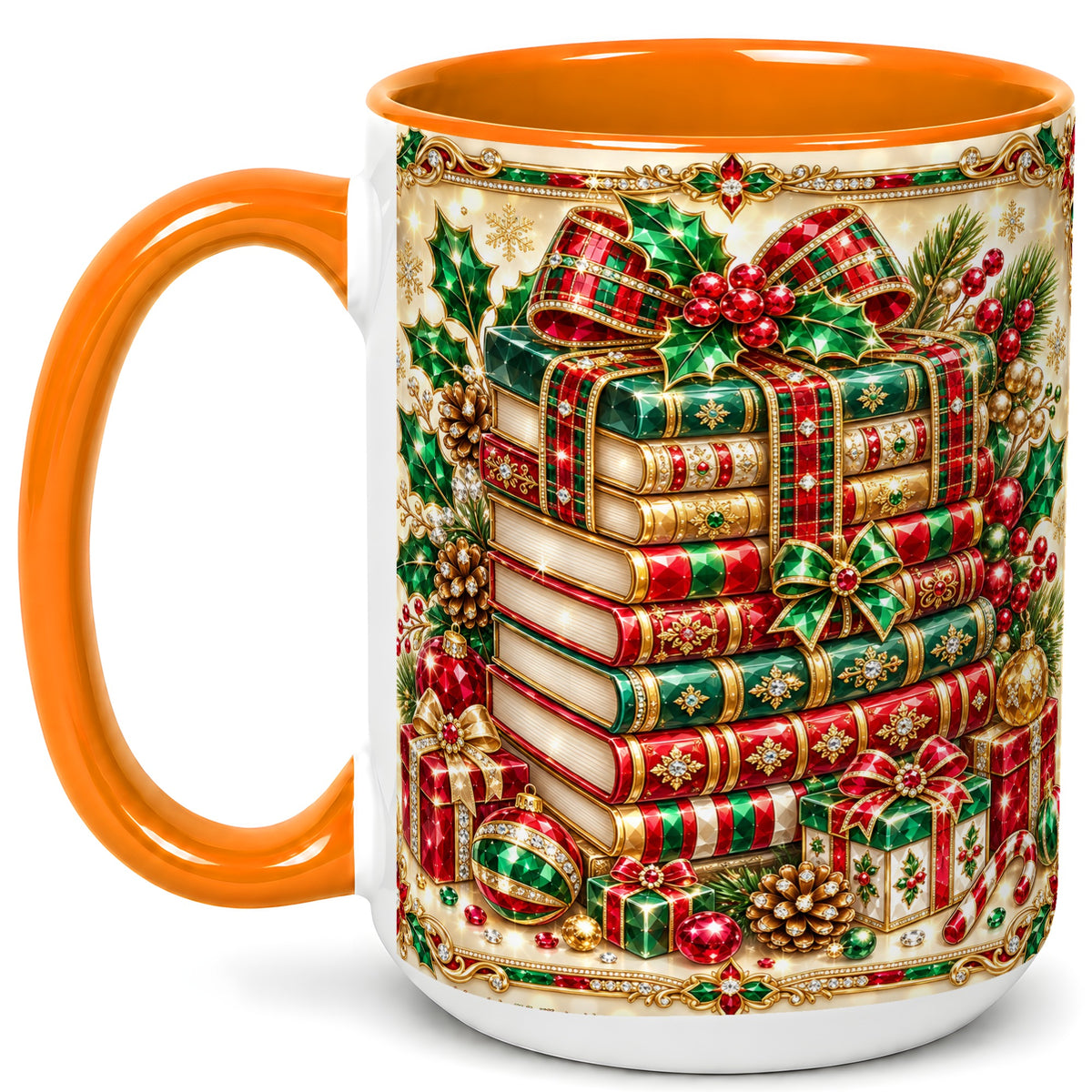 #pl[15oz|Orange] Gemlike Christmas Books Coffee Mug, Ornate Holiday Mug, Ceramic Cup