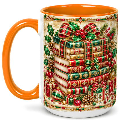 #pl[15oz|Orange] Gemlike Christmas Books Coffee Mug, Ornate Holiday Mug, Ceramic Cup