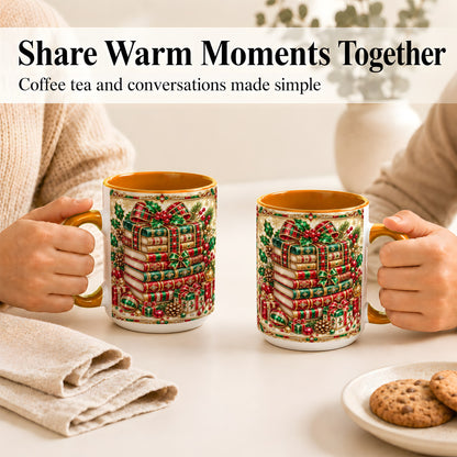 #pl[15oz|Orange] Gemlike Christmas Books Coffee Mug, Ornate Holiday Mug, Ceramic Cup