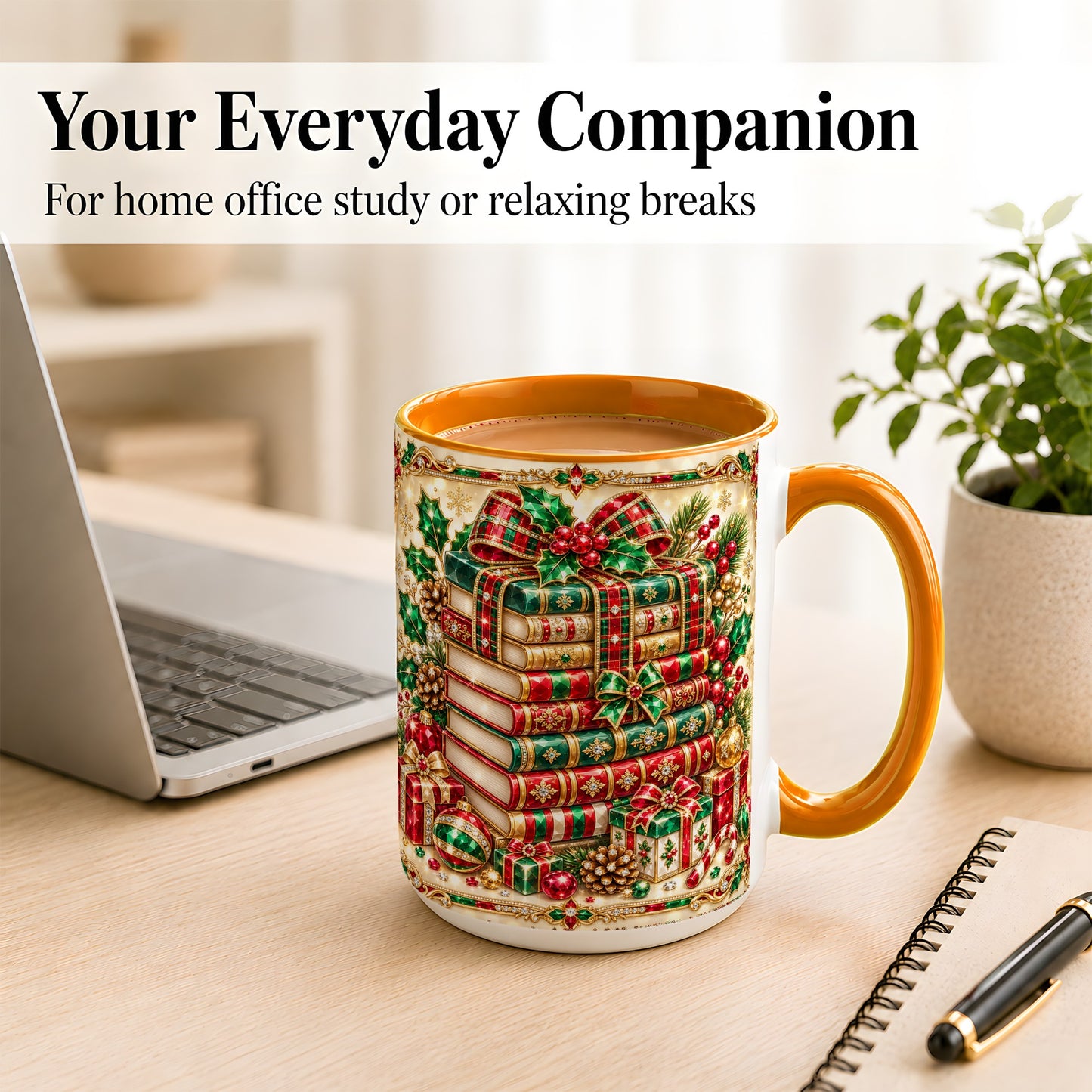 #pl[15oz|Orange] Gemlike Christmas Books Coffee Mug, Ornate Holiday Mug, Ceramic Cup