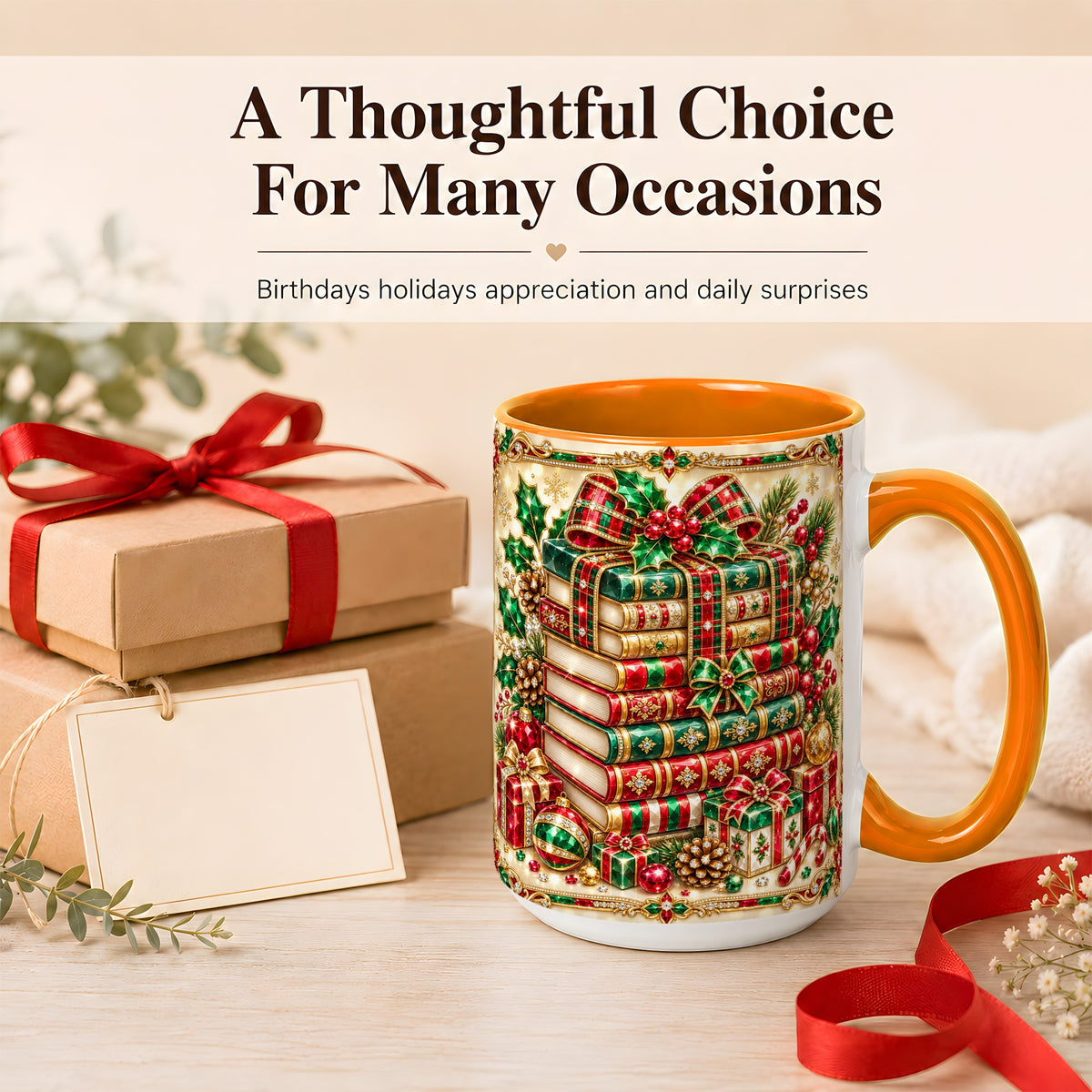 #pl[15oz|Orange] Gemlike Christmas Books Coffee Mug, Ornate Holiday Mug, Ceramic Cup